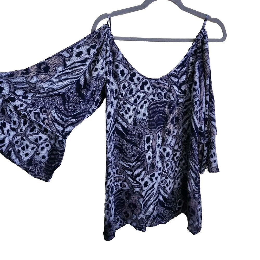 PARKER Mini Dress Cold Shoulder 100% Silk Ruffle Flared Sleeve Abstract Art Blue